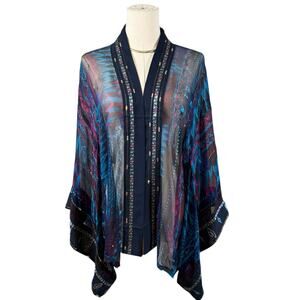 Chico’s 100% Silk Sheer Kimono Cardigan Multicolor Top Boho M/L Dark Romantic